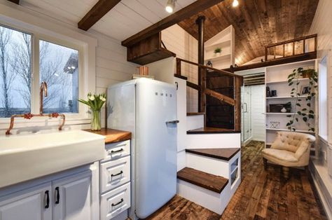 This is a Rustic Glamour tiny home on wheels built by Mint Tiny House Company. It was a custom build designed to the new owner’s personal taste. The home features the very popular and stylish… Tiny Cabin Kitchen, Tiny Luxury, Rustic Tiny House, Tiny House Company, Tiny House Stairs, Stair Design, Rustic Loft, Tiny Houses For Rent, Interior Design Minimalist