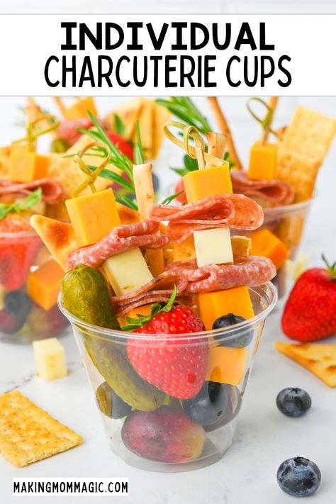 These Individual Charcuterie Cups are the perfect individual appetizer for your next party. Individual Fruit Charcuterie Cups, Veggie Cups For Party Appetizers, Charcuterie In Plastic Cups, Individual Veggie Cups For Party, Easter Charcuterie Cups, Cupcuterie Ideas, Single Charcuterie Cups, Fruit And Veggie Cups, Individual Cup Appetizers