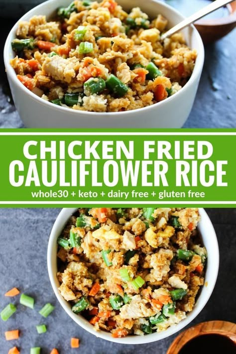 Whole 30 Chicken Fried Rice, Cauliflower Rice Lunch Ideas, Califlower Fried Rice, Chicken Fried Cauliflower, Chicken Fried Cauliflower Rice, Fried Cauliflower Rice, Cauliflower Chicken, Cauliflower Fried Rice Recipes, Whole 30 Keto