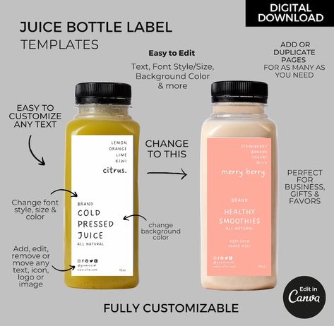 Editable Fruit Juice Bottle Labels Template Canva Fresh Juice - Etsy Philippines Juice Bottle Label Design Ideas, Drink Labels Design, Drink Label Design Bottle, Organic Juice Packaging, Juice Label Design Ideas, Juice Packaging Design Bottle, Juice Business Ideas, Fresh Juice Packaging, Juice Branding Design