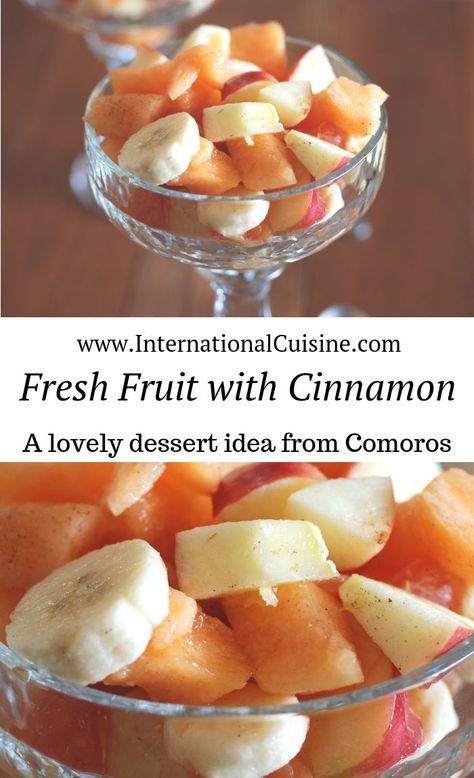 A perfect ending to our Comoros meal.  Fruit with cinnamon a nice twist.  Get the easy recipe for the sauce too! #comoros #comorosfood #comorosrecipe #comoroscuisine #worldfood #internationalcuisine Around The World Food, Country Recipes, Food Challenge, Trending Recipes, Frozen Fruit, World Recipes, Authentic Recipes, The Sauce, African Food