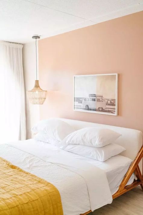 The June Motel Decor, Peach Ceiling Bedroom, Peach And Blue Bedroom Ideas, Light Peach Room, Light Orange Bedroom Walls, Peach Fuzz Bedroom, Peach Accent Wall Bedroom, Light Peach Bedroom, Peach Room Bedroom