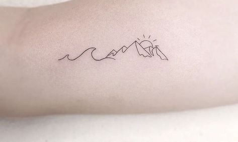 Wave And Mountain Tattoo Simple, Tiny Tatooes, Mountain Wave Tattoo, Mountain And Ocean Tattoo, Mountain And Sea Tattoo, Moutain Tattoos, Side Arm Tattoos, Mountain Tattoos, Shoulder Cap Tattoo