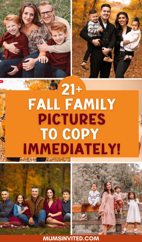 Looking for ideas for fall family photos in 2024? Discover the perfect color scheme & outfits for your fall photoshoot! Think boho aesthetic with burgundy accents, black outfits for a chic look, or cozy jeans for casual vibes. Capture beautiful moments with older children & babies & include your dogs! Whether outdoor in pumpkin patches or indoor studio sessions, we've got DIY inspiration for families of 2, 3, 4, 5, or 6. Create lasting memories with these color combos & Halloween-themed ideas! Fall Christmas Pictures, Fall Pictures Ideas For Family, Fall Family Pics Poses, Family Photos With Burgundy, Fall Family Portrait Color Schemes, Family Christmas Pictures Jeans, Pumpkin Farm Family Pictures, Family Picture Outfits Fall Black, Fall Family Outfit Ideas For Pictures