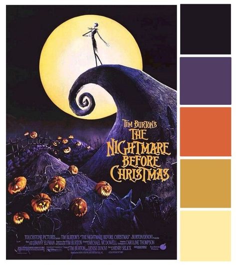 Nightmare Before Christmas Color Palette, Nightmare Before Christmas Movie Poster, Christmas Movie Poster, Halloween Color Palette, Nightmare Before Christmas Movie, Movie Color Palette, Christmas Colour Schemes, Disney Princess Colors, Christmas Color Palette