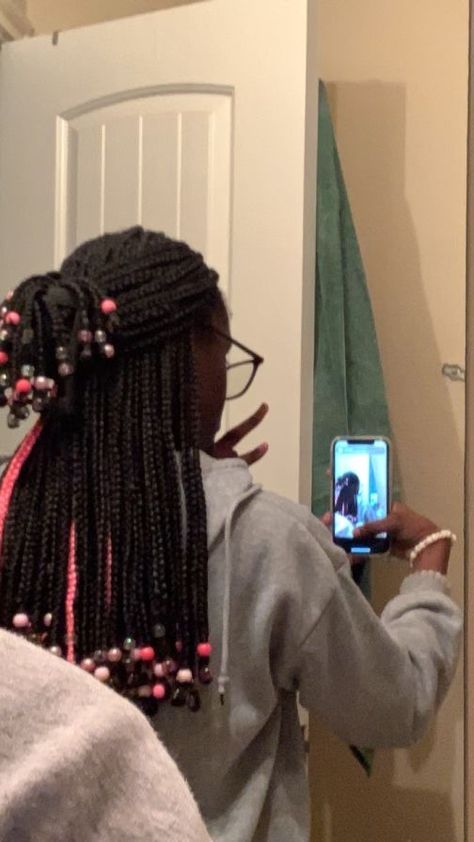 Pink Peekaboo Knotless Braids With Beads, Pink And Black Knotless With Beads, Claw Clip Hairstyles Braids With Beads, Peekaboo With Beads, Pink Peak A Boo Knotless Braids, Pink And Black Braids With Beads, Pink Peekaboo Braids With Beads, Peekaboo Braids Pink, Hair Styles Knotless