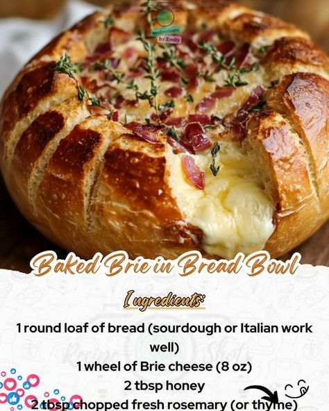 Emily Recipes | Baked Brie in Bread Bowl 🧀🍞 | Facebook Brie In Sourdough Bowl, Brie Stuffed Bread, Baked Brie In Bread Bowl, Baked Brie In Bread, Brie Bread Bowl, Bread Sourdough, Holiday Bread, Bread Bowl, Beer Bread