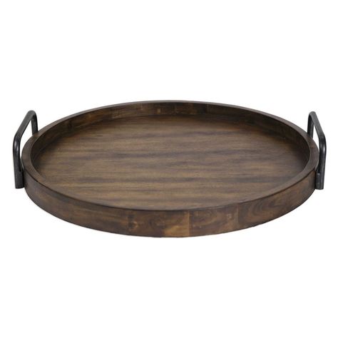 Wooden Tray Decor, Uttermost Accessories, Tray Table Decor, Round Wooden Tray, Accent Tray, Serving Tray Wood, Interior Plants, Iron Handles, Round Tray