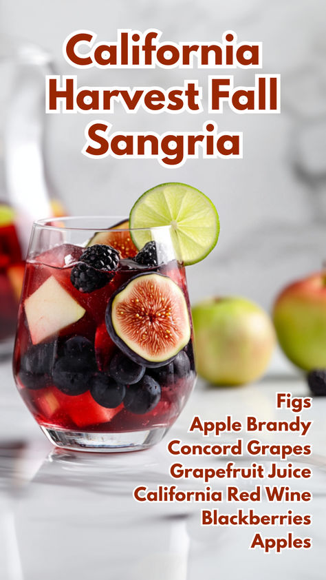 California Harvest Fall Sangria Fig Cocktails, Red Wine Cocktails, Fall Sangria Recipes, Cocktail Cards, Concord Grapes, Brandy Cocktails, Grape Wine, Mix Drinks, Apple Brandy