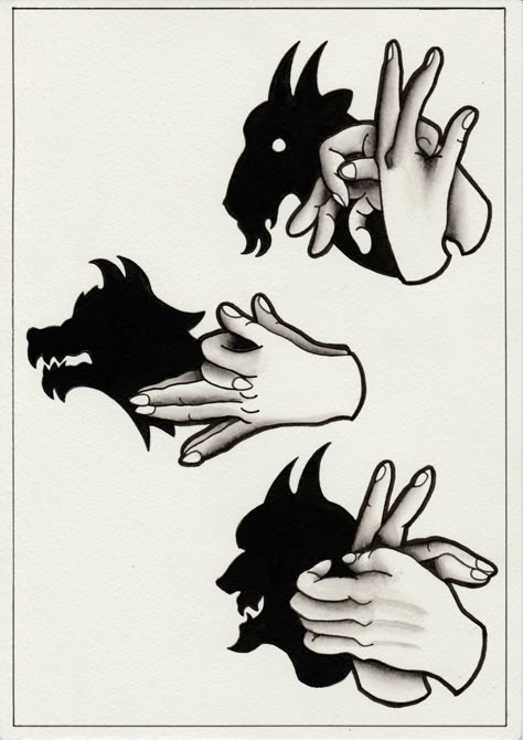 Cool Shadow Puppets, How To Make Shadow Puppets, Hand Shadow Tattoo, Shadow Puppet Tattoo, Shadow Puppets With Hands, Shadow Tattoo, Witch Home Decor, Hand Tricks, Hand Shadows