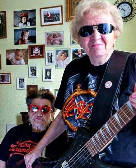 Watch out here comes heavy metal grannies! Guitar, Sunglasses