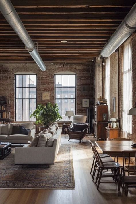 "Create a bold and stylish home with a Modern Industrial Loft! 🏙️🛠️ Exposed brick, metal accents, and sleek furnishings make this space both functional and trendy. 🌟✨ #UrbanDecor #IndustrialLoft #HomeInspiration" Brick Apartment Aesthetic, Loft Apartment Exterior, Brick Loft Apartment, Loft Apartment Modern, Exposed Brick Loft, Exposed Brick Apartment, Loft Apartment Living Room, Loft Apartment Industrial, Brick Apartment