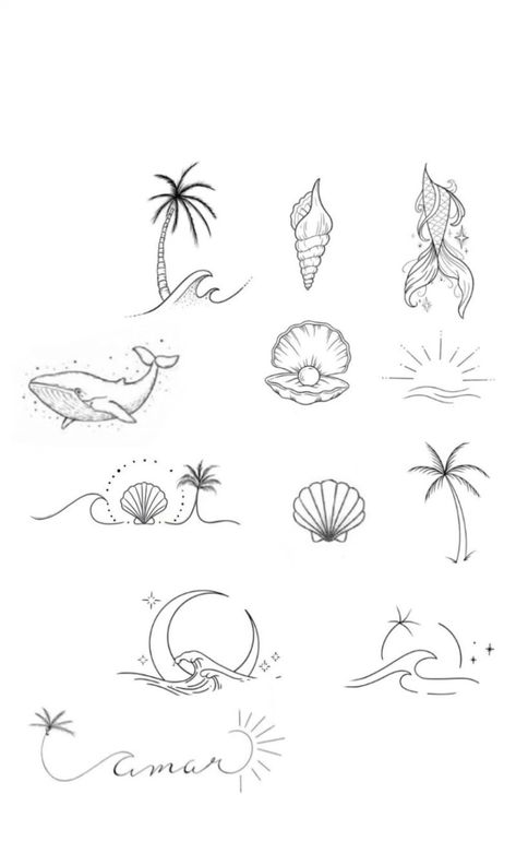 Minimal Tattoo For Woman, Small Tattoos That Go Together, Hawaiian Line Tattoo, Small Holiday Tattoos For Women, Small Tattoos To Get On Holiday, Shell Flash Tattoo, Beachy Drawings Aesthetic, Beach Fineline Tattoo, Summer Small Tattoos