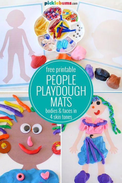 Free Printable People Play Dough Mats.  Grab some playdough and make some people with these free printable people play dough mats. There are bodies and faces in four different skin tones.   #playdough #freeprintables Play Therapy Activities, Process Emotions, Playdoh Mats, Play Dough Mats, Dough Mats, All About Me Preschool, Playdough Activities, Playdough Mats, Different Skin Tones