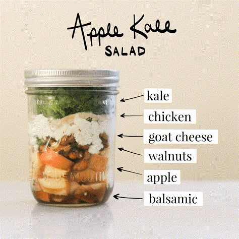 Jar Lunch Ideas, Salad Mason Jar, Apple Kale Salad, Delicious Salad Recipes, Mason Jar Lunch, Mason Jar Recipe, Goat Cheese Stuffed Chicken, Salad Jar Recipe, Jar Salad