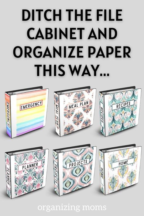 Image of printable binder covers on binders. Text says Ditch the File Cabinet and Organize Paper This Way... Paperwork Organization Filing System, Brochure Organization Storage, Organizing Papers At Home, Document Organization Ideas, Home Filing System Categories Free Printable, Important Documents Storage, Personal File Organization, Organizing Bills And Paperwork, Home File Organization Categories