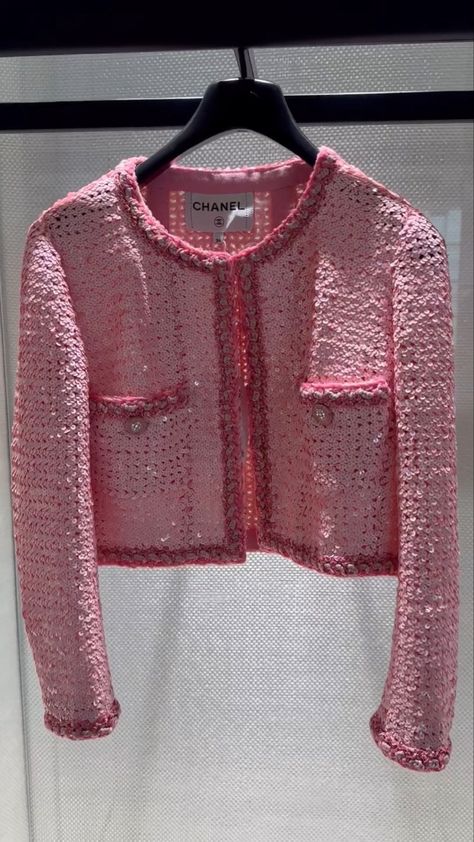 Crochet Chanel Jacket, Chanel Cardigan, Chanel Blazer, Pink Tweed Jacket, Chanel Style Jacket, Tweed Cardigan, Chanel Jacket, Fashion Design Portfolio, Cropped Cardigan Sweater