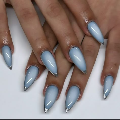 Long Nails Ombre, Milky Blue Nails, Stiletto Nails Long, Nails Gray, Nails Y2k, Airbrush Nails, Nails Ombre, Nails Stiletto, Gray Nails