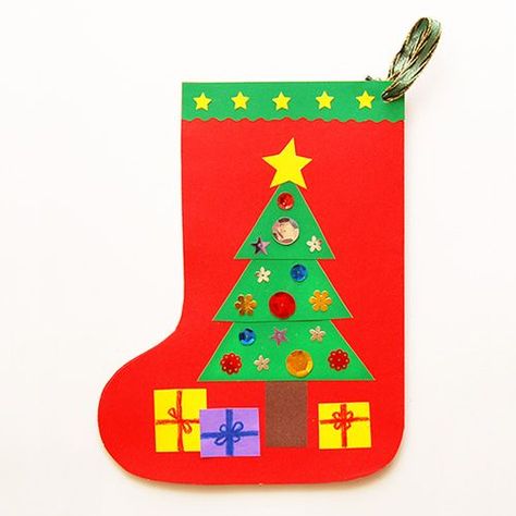 Paper Christmas Stocking | Kids' Crafts | Fun Craft Ideas | FirstPalette.com Children Church Crafts, Paper Christmas Stocking, Christmas Stocking Craft, Stocking Decorating, Decoracion Navidad Diy, Stocking Craft, Easy Christmas Stockings, Christmas Stocking Template, Children Church