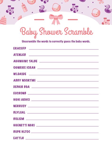 Free printable baby shower word scramble game with a free PDF and answers included! Babyshowergames Free Printable, Word Scramble Baby Shower Game, Girl Baby Shower Game Ideas, Baby Shower Word Scramble Printable Free, Free Printable Baby Shower Games Prints, Free Baby Shower Games Printables, Baby Shower Games Free Printables, Baby Shower Scramble, Baby Shower Poems