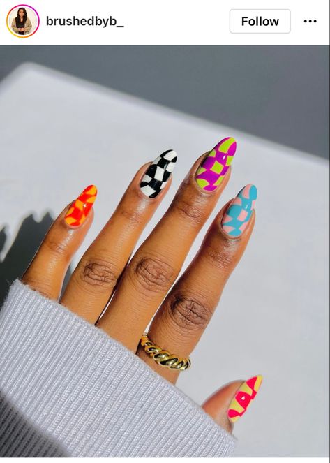 Distorted Checkerboards Burnt Orange Nails, Bright Summer Nails Designs, Nail Design Glitter, 2023 Nail, Pink Manicure, Nail Art Designs Summer, Y2k Nails, Bright Nails, Orange Nails