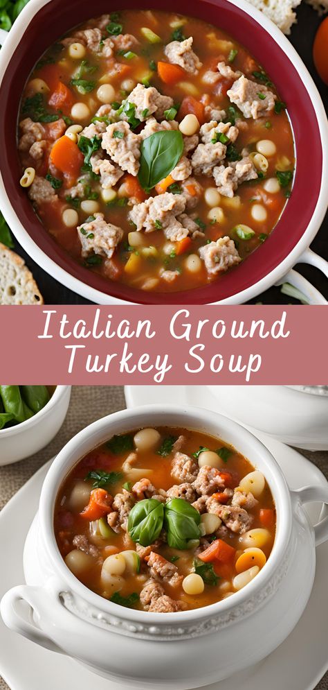 Italian Ground Turkey Soup Recipe | Cheff Recipes Healthy Soup Recipes Ground Turkey, Italian Turkey Soup, Tuscan Turkey Soup, Italian Ground Turkey Soup, Healthy Ground Turkey Soup, Crockpot Ground Turkey Recipes, Ground Turkey Stew, Healthy Turkey Soup, Soup Ground Turkey