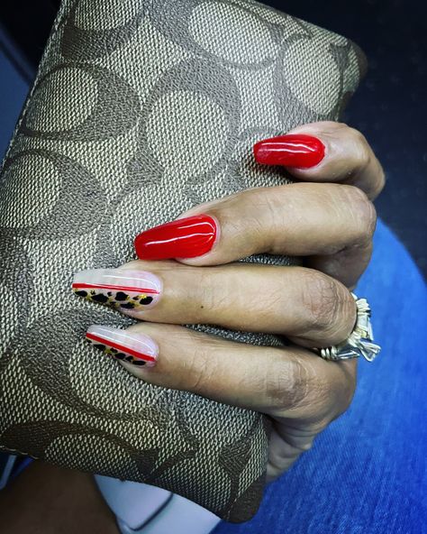 Acrylic nails, 
Red nails, Leopard print nails, coffin shaped nails Red Checkered Nails, Nails With Animal Print, Red And Leopard Print, Red And Leopard, Checkered Nails, Leopard Print Nails, Print Nails, Leopard Nails, Red Checkered