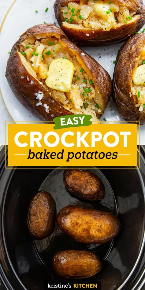 These Crock Pot Baked Potatoes are an easy way to make perfect fluffy baked potatoes! You'll love these when you need a make ahead option for dinner. You can serve the baked potatoes straight from the slow cooker, or put them under the broiler to crisp the skins before serving. Easy Crockpot Baked Potatoes, Baked Potato In Crockpot, How To Bake Potatoes In Crockpot, Slow Cooked Baked Potatoes, Twice Baked Potatoes Crockpot Crock Pot, How To Make Baked Potatoes In Crockpot, Baked Potatoes In Crockpot Slow Cooker, Cooking Baked Potatoes In Crockpot, Baking Potatoes In Crock Pot