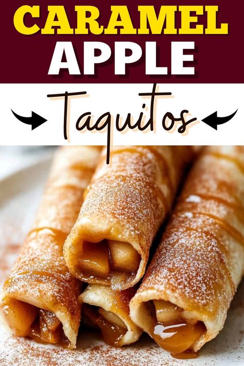 These caramel apple taquitos are the most tempting fall treat! Cinnamon-spiced apples get rolled in a crispy tortilla for a dessert no one can resist. Caramel Apple Taquitos, Tortilla Apple Dessert, Carmel Apple Rolls, Caramel Apple No Bake Dessert, Apple Burritos Recipe, Sweet Tortilla Roll Ups, Can Apples Recipes, Apple Tortilla Dessert, Apple Burritos