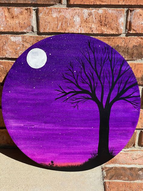 This is a hand painted 16" wood round, custom orders available. Drawings Of Sunsets, Wood Round Painting Ideas, Round Painting Ideas, Purple Sunset Painting, Wood Painting Ideas, Painting Acrylic Easy, Round Painting, Diy Canvas Art Easy, Bird Painting Acrylic