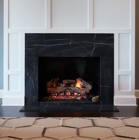 Fireplace With Black Marble Surround, Fireplace Marble Tile Surround, Black Fireplace Tile, Tiled Fireplace Wall, Tiled Hearth, Black Tile Fireplace, Tile Around Fireplace, Black Fireplace Surround, Tiled Fireplace