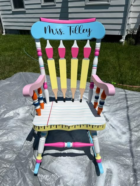 Rocking Chairs For Teachers, Painted Classroom Chair, Classroom Chair Ideas, Teacher Rocking Chair Painted, Teacher Rocking Chair, Classroom Rocking Chair, Teacher Rocking Chairs, Teacher Stool, Whimsical Chairs