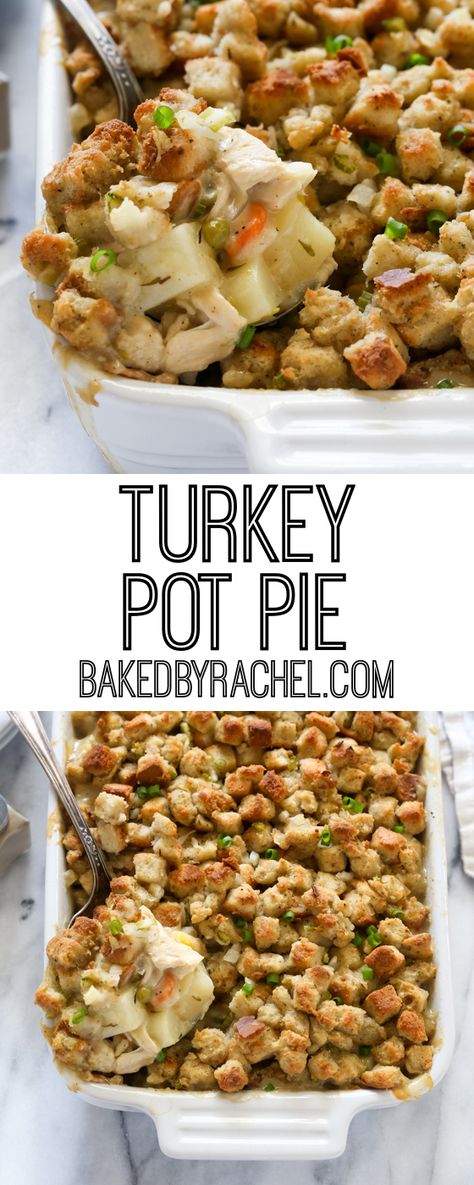 Classic cold weather comfort food with a twist! Easy homemade leftover Thanksgiving turkey pot pie with a stuffing crust recipe from @bakedbyrachel! A flavor packed must make meal! Stuffing Pot Pie, Meals From Leftover Turkey, Turkey Pot Pies, Thanksgiving Pot Pie Recipe, Thanksgiving Recipes Leftovers, Turkey Bake, Leftover Turkey Pie, Leftover Turkey Pie Recipes, Leftover Thanksgiving Recipes Casserole