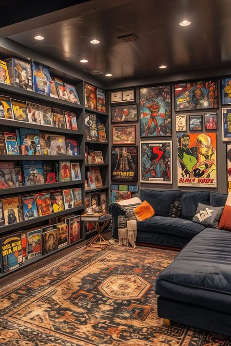 20 Man Cave Ideas - Remodr Comic Book Man Cave, Collectors Room Ideas, Comic Book Rooms, Hobby Room Design, Room Ideas Men, Cool Basement Ideas, Cool Basement, Comic Book Room, Comic Room