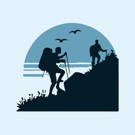 Hiking in the mountains silhouette of a ... | Premium Vector #Freepik #vector #sticker-design #graphic-illustration #fishing-logo #outdoor-adventure-shirts Adventure Silhouette, Hiking Art Illustration, Hiker Illustration, Hiking Illustration Drawings, Hiking Shirt Design, Hiking Design Graphic, Hiking Logo Design, Hiker Silhouette Hiking, Hiking Logo