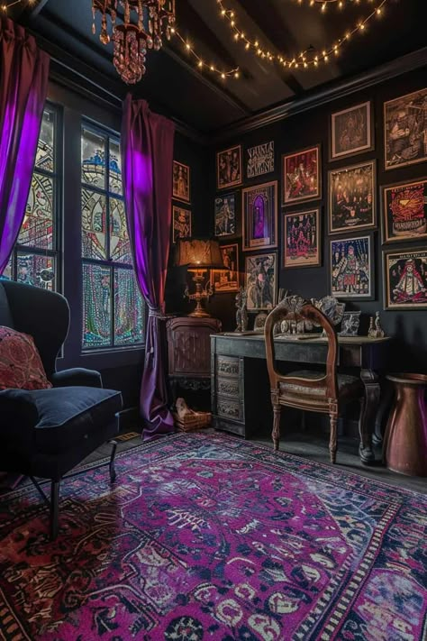 Craft Room Ideas Dark, Green Witchy Living Room, Living Room Maximalist Aesthetic, Whimsy Goth Office, Goth Sunroom, Maximalist Goth Decor, Whimsical Goth Decor, Practical Magic Home Aesthetic, Whismgoth Aesthetic