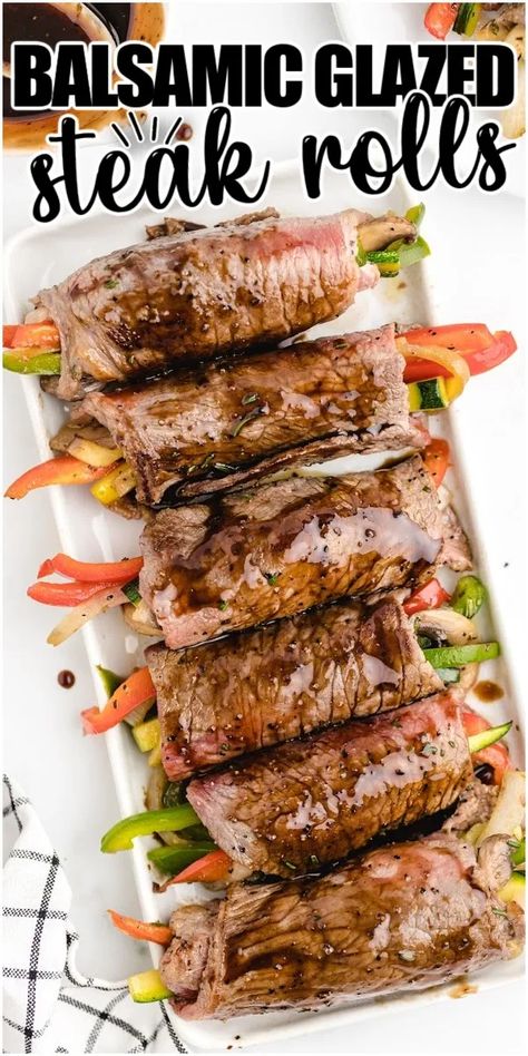 Steak Rolls Stuffed, Stuffed Steak Rolls, Sliced Steak Recipes, Balsamic Steak Rolls, New York Steak Recipe, Top Round Steak Recipes, Balsamic Glazed Steak Rolls, Sliced Sirloin, Glazed Steak