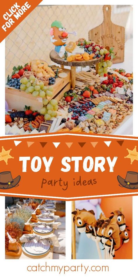 Check out this awesome Toy Story birthday party! The party food is so cool! See more party ideas and share yours at CatchMyParty.com Toy Story Themed Food Dessert Tables, Toy Story Charcuterie Board, Toy Story Food Ideas Birthday Parties, Two Infinity And Beyond Birthday Food, Toy Story Birthday Food, Toy Story Birthday Party Food, Toy Story Desserts, Toy Story Birthday Party Ideas Food, Toy Story Food Ideas