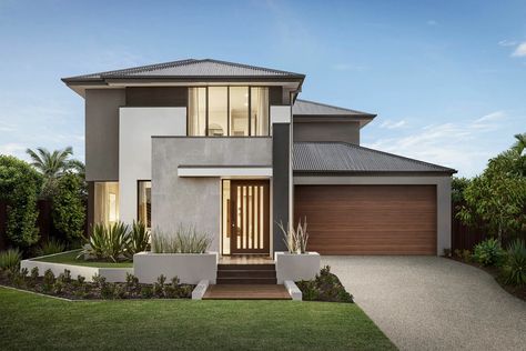 metricon savannah modern home facade design brown and grey exterior colours Modern Home Facade, Hip Roof House, Hamptons Facade, Traditional Modern Home, House Facade Ideas, Modern European Home, Home Facade, Metricon Homes, Facade Ideas