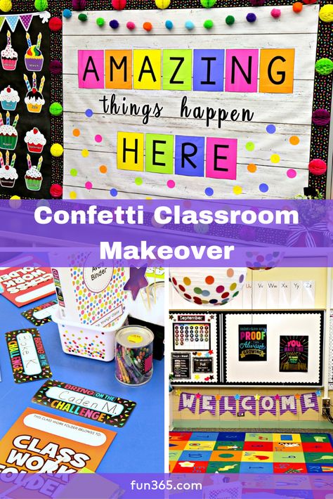 Give your classroom a confetti themed makeover! This classroom theme will excite students and give them a fun atmosphere to learn in. Check out our bright and colorful products that fulfill this theme. Neon Classroom Theme Bright Colors, Sparkle And Shine Classroom Theme, Confetti Bulletin Board Ideas, Confetti Classroom Decor, Neon Theme Classroom, Confetti Classroom Theme Ideas, Bright Classroom Themes, Classroom Setup Special Education, Confetti Themed Classroom