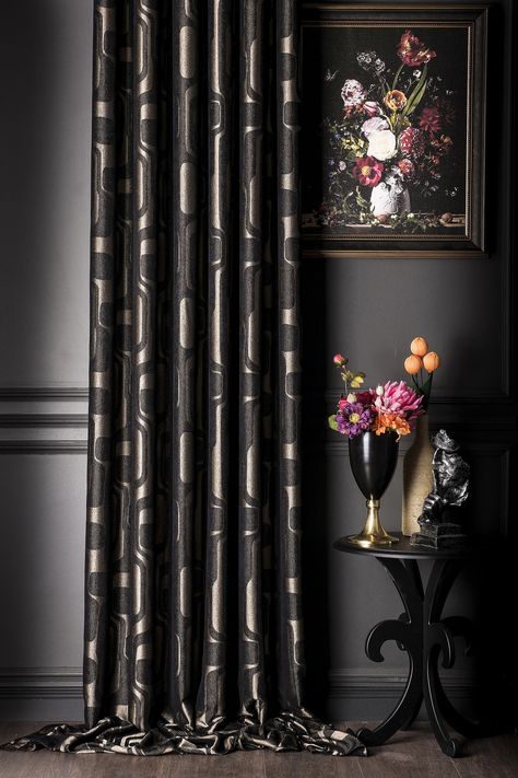 Luxury Black Curtains, Luxury White Curtains, High Quality Fabric Structure, Suitable All Rooms, Custom Size Curtain, Livingroom Curtain. by QuarterHomeDesign on Etsy Black And Beige Curtains, Black Linen Curtains, Versace Curtains, Dark Interiors Curtains & Drapes, Black And Gold Curtains, Curtains Luxury, Embroidered Curtains, Patterned Curtains, Gothic Bedroom Curtains & Drapes