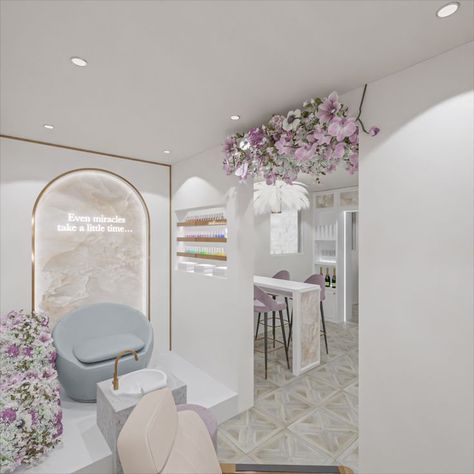 This pedicure station surely has that little touch of magic A stunning onyx archway frames this area, making it such a luxurious space. Manicure Station Ideas Salons, Pedicure Interior, Luxury Nail Spa Interior Design, Luxe Nail Salon, Pastel Nail Salon Interior, Pedicure Salon Interior Design, Pedicure Room, Pedicure Area Ideas, Salon Pedicure Station Ideas