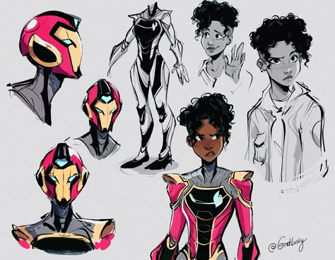 “Some rough Ironheart studies I did before getting into interiors for Marvel action: Chillers. I was quite intimidated by all the details in her armor at the beginning but now I enjoy drawing it a lot!💖 #RiriWilliams” Iron Heart Marvel, Riri Williams, Starfire Dc, Create A Superhero, Alien Princess, Marvel Concept Art, Marvel Character Design, Marvel Champions, Iron Heart