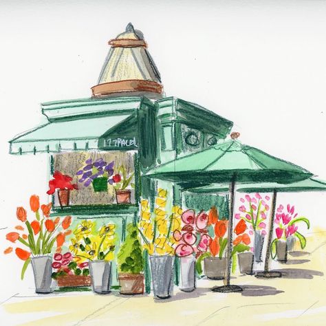 Another version of @teresasabankaya’s flower stall, this one in colored pencil and watercolor. By Amy Stewart, vF 7-5-22 Stall Illustration, Flower Stall, Amy Stewart, Travel Sketching, Pencil And Watercolor, Daily Grace, Travel Sketchbook, Market Stall, Travel Sketches