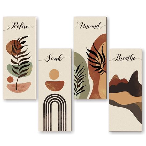 PRICES MAY VARY. Create a Calming Atmosphere: These Boho wooden wall art pieces feature artistic fonts and botanical patterns that will add a touch of elegance to your bathroom or laundry room. Perfect Gift: This set of 4 Boho abstract bathroom wooden wall plaques makes a thoughtful and meaningful gift for friends, family, or anyone who loves to decorate their home. Just the Right Size: Measuring 13.7x4.7 inches and 0.2 inches thick, these abstract botanical bathroom wall art pieces are the perf Boho Theme Bathroom, Bathroom Earth Tones Decor, Primary Bathroom Decor, Sauna Decor, Bathroom Decor Boho, Decorate Bathroom, Art For Bathroom Walls, Bathroom Decor Inspiration, Small Restroom Decor