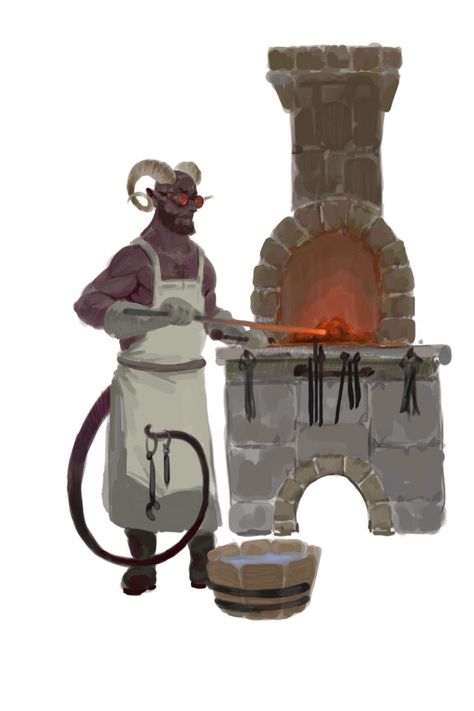 Tiefling Smith, Seth Lange on ArtStation at https://www.artstation.com/artwork/RYON8r Tiefling Blacksmith, Reference Board, Character Reference, Fantasy Inspiration, Art Tips, Fire Hydrant, Home Brewing, Larp, Blacksmithing