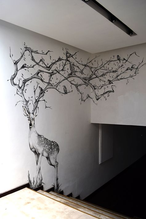 Stag Sapling on Behance Wall Painting For Cafe, Wall Drawing Ideas Bedroom, Classic Wall Paint, Space Wall Painting, Evil Tree, Doodle Wall Art, Animal Wall Mural, Tree Wall Painting, Mural Cafe