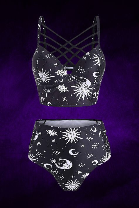 Scar Ideas, Star Swimsuit, High Waisted Tankini, Aesthetic Goth, Summer Bathing Suits, Metal T Shirts, Tankini Swimsuit, Star Moon, Summer Bikinis