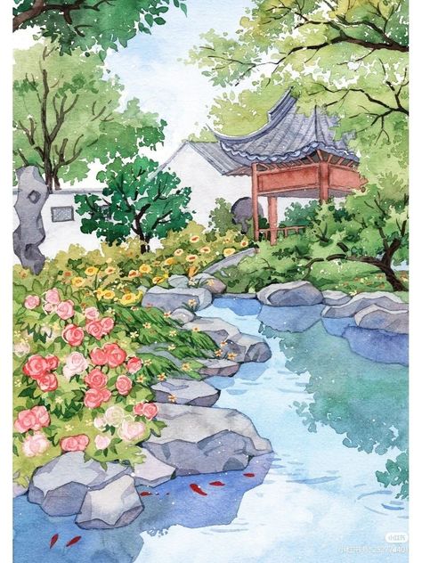 Watercolor Art Landscape, Drawing Wallpaper, Travel Journals, Architecture Drawing Art, Japon Illustration, Watercolor Painting Techniques, Painting Art Lesson, 수채화 그림, Watercolor Landscape Paintings