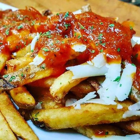 Greek Style Poutine | KALOFAGAS | GREEK FOOD & BEYOND Poutine Recipe, Red Gravy, Greek Cheese, Poutine, Greek Food, Red Sauce, Greek Style, The Sauce, Greek Recipes